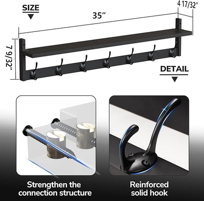 BAMEOS 35 Inch Wall Hooks With Shelf - Entryway Hanging Wood Coat Rack With 7 Dual Hooks for Bathroom, Living Room, Bedroom (Black)