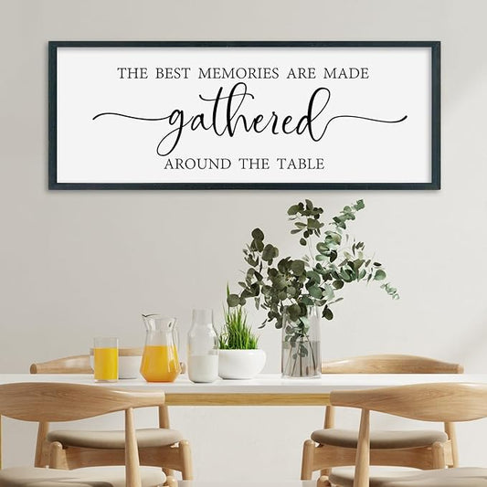 SRSZHIYUE The Best Memories Are Made Gathered Around The Table Sign Wall Decor Art 32"×12" for Kitchen Dining Room Large Wood Framed Wall Hanging (Black)