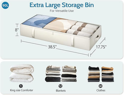 2-Pack Under Bed Storage Containers, 8 Inches Tall Underbed Clothes Storage Organizer Bin with Sturdy Sidewalls/Bottom, Under the Bed Storage Bags 2 Storage Bins, Beige