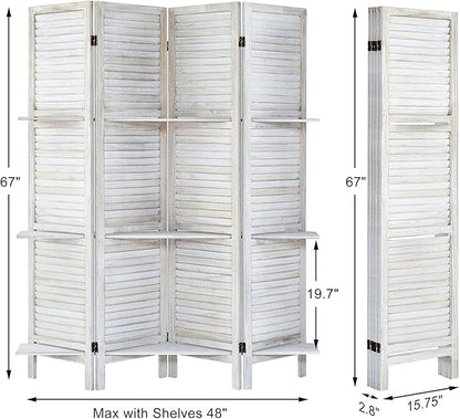 Room Divider with Shelves, Privacy Screen, Room Dividers and Folding Privacy Screens, 4 Panel Wood Temporary Wall Partition Separation Separator, Coconut