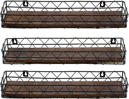 MyGift 14 Inch Wall Mounted Kitchen Spice Racks, Rustic Burnt Solid Wood and Black Metal Wire Geometric Hanging Organizers for Seasoning Jars or Condiment Bottles, Set of 3