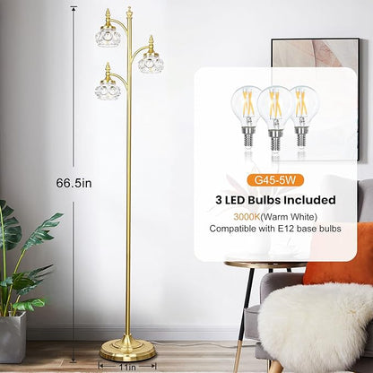 Gold Floor Lamp, Dimmable Tree Floor Lamps for Living Room Brass Tall Standing Lamp with 3 Rotatable Lights Glass Shade 66.5'' Modern Corner Lamp for Bedroom Office(3LED Bulbs Included)
