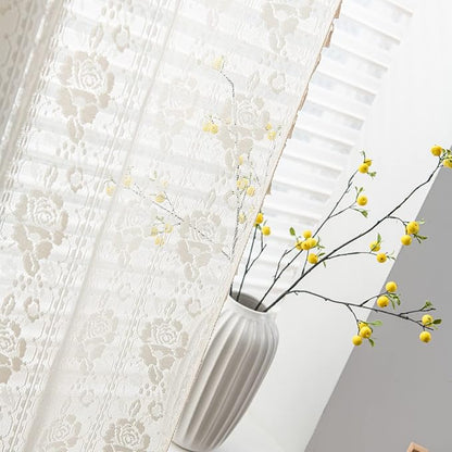 Sutuo Home Boho Kitchen Curtains Crochet Florals Embroidery, Bohemian Sheer Lace Curtains Handmade Knitted Tassels Vintage Chic Farmhouse Drape for Nursery Bedroom Rod Pocket 1 Panel 59" W x 63" L