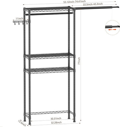 Over Washer and Dryer Shelves,3 Tier Adjustable Wire Shelving Laundry Room Storage Organization Clothes Drying Rack with Mounted on the Wall Expandable Hanger Rods&Hook,55"~74.5"Wx13.4"Dx77"H