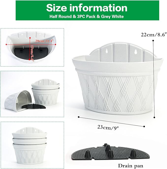 Sungmor Wall Hanging Planters,11.5 Inch Hanging Flower Pots for Railing Fence - Indoor Outdoor Balcony Wall Hanging Basket, Plastic Plant Pot Container - Half Round & 3PC Pack & Grey White