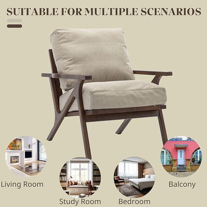 Wahson Set of 2 Mid Century Arm Chairs and Ottomans, Upholstered Accent Armchair with Wood Frame and Canvas Cushions, Leisure Slipper Chair for Living Room/Bedroom, Beige