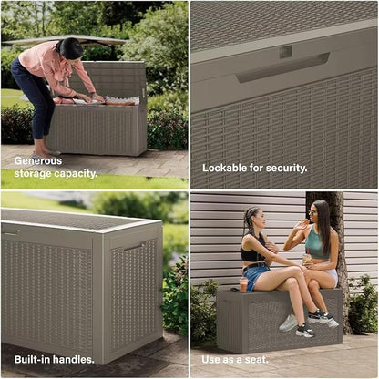 100 Gallon Outdoor Storage Box Waterproof Lockable Resin Deck Box Large, Patio Storage Bin for Pool Accessories Cushion Furniture, Garden Tools, UV-Resistant Outside Delivery Grey