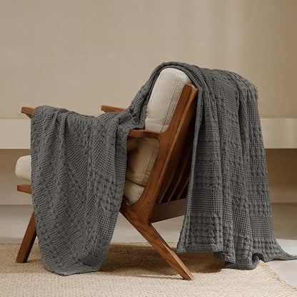 PHF 100% Cotton Waffle Weave Throw Blanket, Soft Lightweight Breathable Cozy Summer Throws for Couch Bed Sofa, Luxury Aesthetic Woven Blanket for Home Decor & Office, 50"x60", Charcoal Grey