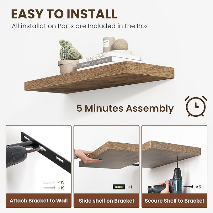 55 Inch Floating Shelves, 12 Inch Deep Floating Shelves for Wall, Floating Shelf with Invisible Brackets, Deep Shelves for Bathroom, Bedroom, Living Room, 1 Pack, Brown