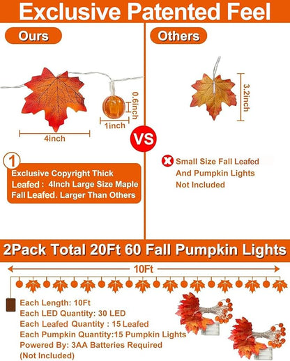 2 Pack Fall Garland with Pumpkin Lights Halloween Decorations Indoor 60 LED 20 Ft Enlarged Maples Leaves Fall Lights Battery Operated Halloween Garland Thanksgiving Decor Home Indoor Outdoor Christmas