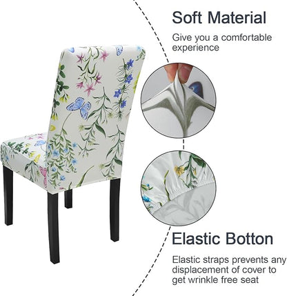 JQinHome Pattern Chair Covers for Dining Room Set of 6, High Stretch Removable Washable Parsons Chair Slipcover for Home Party Hotel Wedding Ceremony (Flowering Butterflies,6PCS)