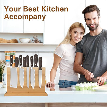 Magnetic Knife Block 28 x 19 Inches, Double Sided Magnetic Knife Holder Rack for Kitchen Counter, Acacia Wood Magnetic Knife Storage Stand with Knife Sharpener