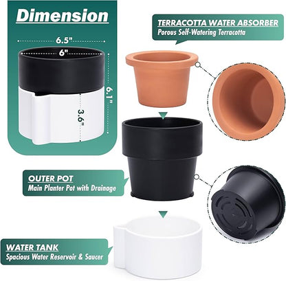 Phoenix Vine 6.5 Inch Self-Watering Planter Pot with Terracotta Insert, Deep Water Reservoir, and Ceramic-Alike BPA-Free Plastic Pot for Plant, Modern Planter for Houseplants, White/Black, 53-B-S-4