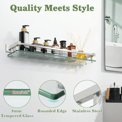 Alise Bathroom Shelf Wall Mounted, Brushed Nickel Large Capacity Glass Shelf for Bathroom, 24 inch