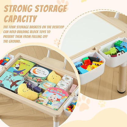 Multi Functional Kids Table and 2 Chairs Set, Graffiti & Building Blocks Double-Sided Tabletop, Toddler Play Table with Drawers, Large Storage Space, Gift for Boys/Girls, Burlywood