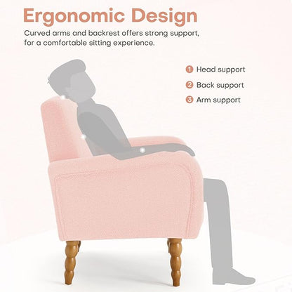 Chenille Fabric Accent Chair, Upholstered Armchair with Solid Wood Legs, Modern Living Room Accent Chair, Comfy Single Sofa Chair Reading Club Chair for Bedroom Reception Lounge, Pink