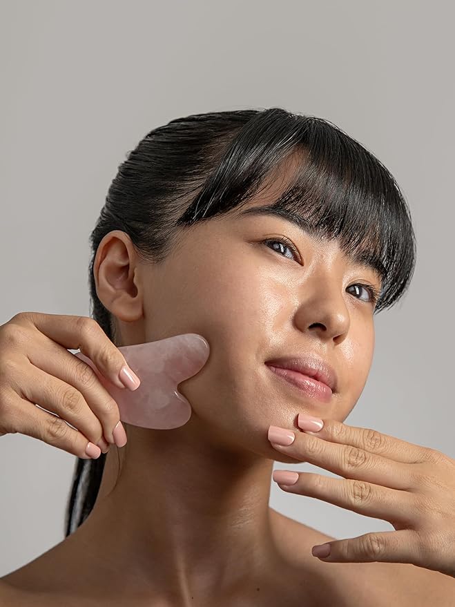 Mount Lai Rose Quartz Gua Sha Facial Tools, Pink Quartz Gua Sha Facial Tools Set and Roller, Guasha Tool for Face to Relieve Muscle Tension and Reduce Puffiness, Anti Aging Skin Care Sets for Women