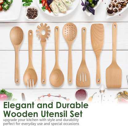 Wooden Spoons for Cooking, 8 Pcs Beech Wood Wooden Kitchen Cooking Spoon Utensil Tools Set Includes Spatula Skimmer Pasta Scoop Non-Stick Cookware Safe by HOWHONG