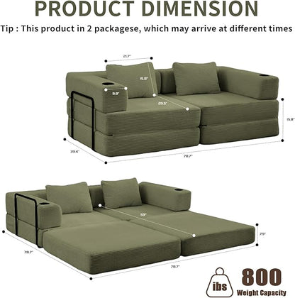78" W Loveseat Sofa, 4 in 1 Convertible Floor Sofa Bed, Boneless Cloud Couch with Cup Holder, Fold Out Floor Couch, Loveseat Recliner Sleeper for Living Room Bedroom Lounge(Corduroy, White)
