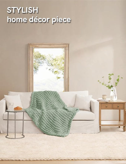 YnM Chunky Throw Blanket, Medium-Weight, Hand Knitted with Chenille Yarn, Skin Friendly, Ventilated and Breathable, Machine Washable, Home Décor Piece for Couch, Sofa and Bed (Sage Green, 30x40 Inch)