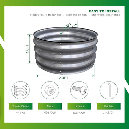 GARDMAX 2x2x1FT Galvanized Round Raised Garden Bed Kit, Metal Planter Boxes Outdoor with Easy Assembly, Large Garden Bed for Vegetables, Fruits, Flower, Herbs Silver