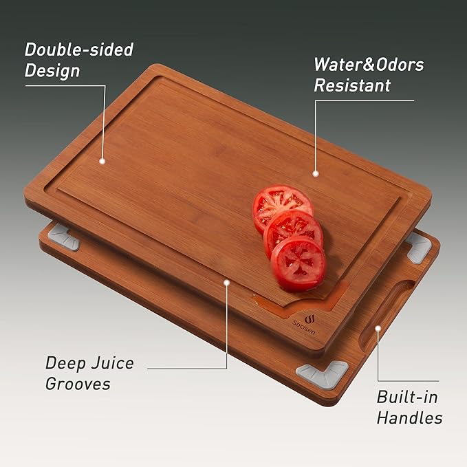 3 Packs Bamboo Cutting Board Set with Non Slip Feet and Over Sink Nice Solid Thick Wood Juice Groove Chopping Board Extra Large Big Small Best Hardwood Counter Organic Vegetable Kitchen Gadgets