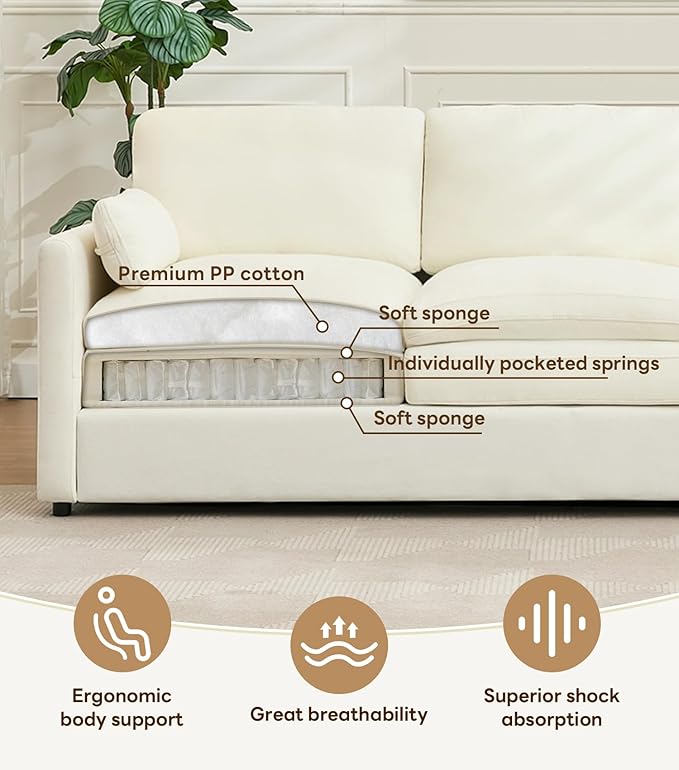 Tbfit Modern Couch Sofa, 89" Cloud Couch w/Pillows, Pocketed Spring Seat, Comfy 3-Seater Plush Foam Cushions, Chenille Fabric Removable Covers, Soft Upholstered Living Room Furniture Apartment, Beige
