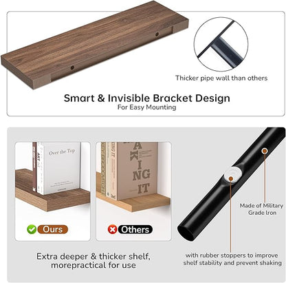 Fun Memories Floating Shelves - 10.3 Inch Deep Wall Shelf for Decor & Storage - Wall Mounted Display Shelving with Invisible Heavy-Duty Metal Bracket - 36"x 10.3"x 1.8" 1 Pack, Walnut