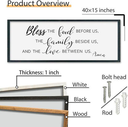SRSZHIYUE Bless the Food Before Us Wall Sign Decor 40"×15" Christian Bible Verse for Farmhouse Rustic Kitchen Dining Room Framed Wood Scripture Religious Jesus Prayer Wall Art (Black)