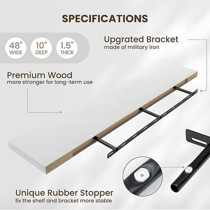 Fun Memories 10 Inch Deep Shelves, Floating Shelves for Wall 48 Inches Long, Wood Floating Shelves for Wall, Large Storage Shelves Wall Mount for Living Room Bedroom, White, Set of 1
