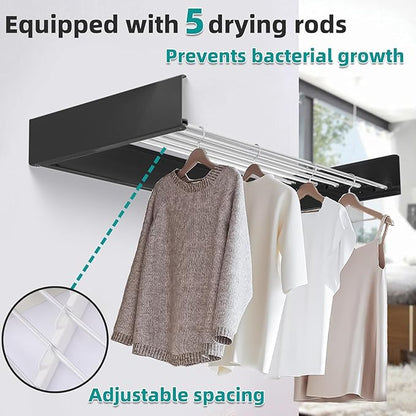 Laundry Drying Rack Collapsible, Wall Mounted Clothes Drying Rack. 39.37" Wide, 19.3 Linear Ft, 5 Aluminum Rods, with Wall Template, Screwdriver Bit (Black 1M)