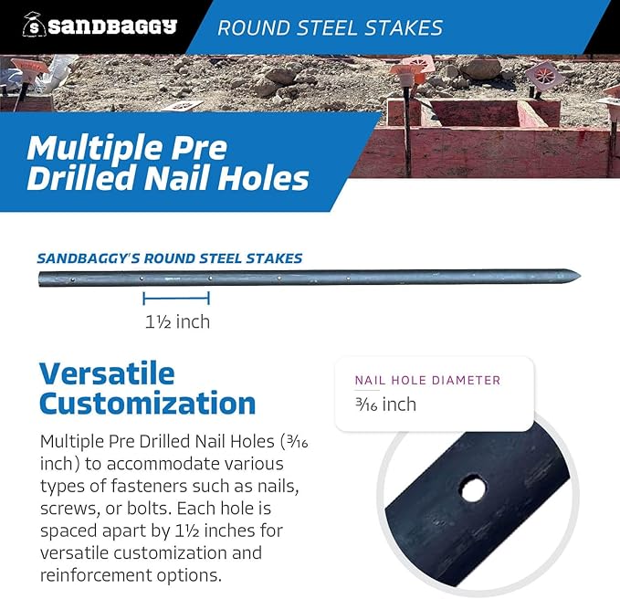 Sandbaggy Round Steel Concrete Form Stakes with Nail Holes - Rust Resistant Coating - Removable, Reusable (100, 3/4 in X 24 in)