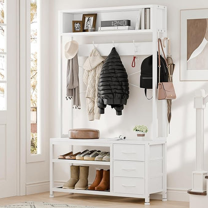 Lulive Hall Tree with Bench and Shoe Storage, 31.5" Coat Rack Freestanding with 2-Tier Storage Shelf, 5-in-1 Entryway Bench Coat Rack with 12 Hooks and 3 Drawers(White)