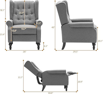 Mid Century Wingback Recliner Chair for Adults, Modern Linen Fabric Push Back Recliner Chairs with Button Tufted Upholstered Back & Footrest, Manual Recliner Chais for Living Room, Nursery, Gray