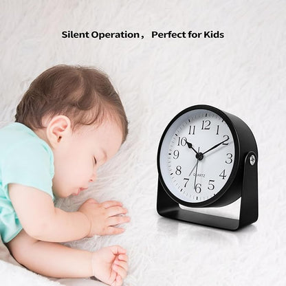 Small Desk Analog Alarm Clock Battery Powered Mini Metal Nightstand Shelf Clock with Light Side Table Decor Mid Century Cute Alarm Clock for Heavy Sleepers Bedrooms Desktop Living Room Bathroom