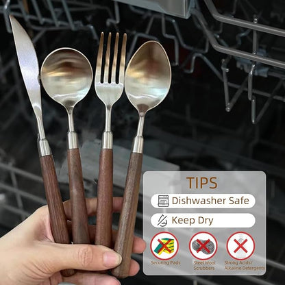 Silverware Set 16 Piece Flatware Cutlery Set Service for 4,18/10 Stainless Steel Forged Walnut Wooden Handle Matte Brushed Dishwasher Safe Premium Durable Utensil Sets for Home Kitchen Wedding