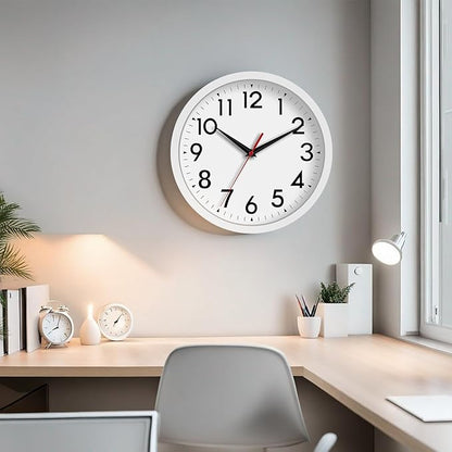 Wall Clock Modern Battery Operated 10 Inch Simpel Silent Non Ticking Analog Decorative for Kitchen Bathroom Bedroom Office Living Room School Classroom(White)