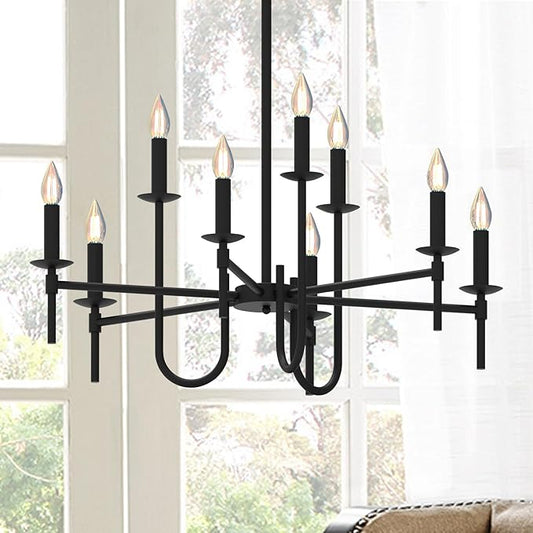 Farmhouse Black Chandelier, Modern Candle Hanging Lamp, Round LED Ceiling Pendant Lights for Kitchen Island Living Room Bedroom Dining Room (Black-B 9Lights)