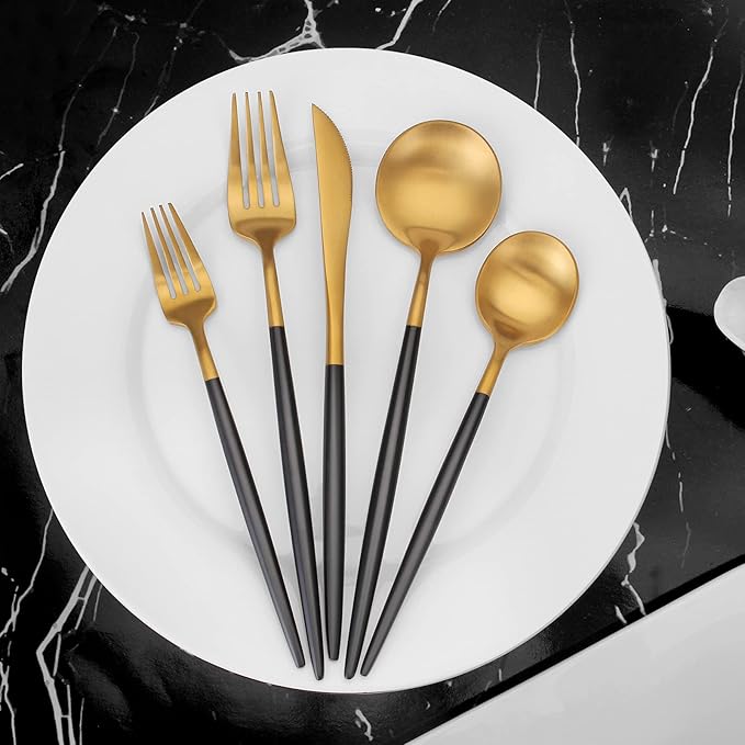 Matte Gold Silverware Set with black handle, Vanys 20 Piece Stainless Steel Cutlery Flatware Set, Kitchen Utensil Sets for 4, Tableware With Knife Spoons And Forks Set, Satin Finished Polished