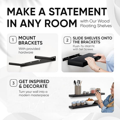 Homeforia Black Floating Shelves 36 inches Long, High End Solid Real Wood 36 inch Floating Shelf for Wall Mounted, Black Wooden 36in Floating Shelves, Heavy Duty Bracket, 36 X 6.5 X 1.75 in, Set of 2