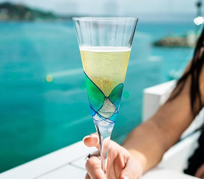Victoria Barcelona Champagne Flute Set of 4 – 7.5 oz Mouth-Blown Turquoise Sea Glass | Hand-Painted Gaudí & Murano Inspired | Artistic Unique Gift Ideas for Her or Him
