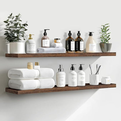 LaVie Home Floating Shelves, 36 Inch Wall Shelf Set of 2, Hanging Shelf with Invisible Brackets, Wall Decor for Bathroom, Bedroom, Living Room, Kitchen Storage, Rustic Brown