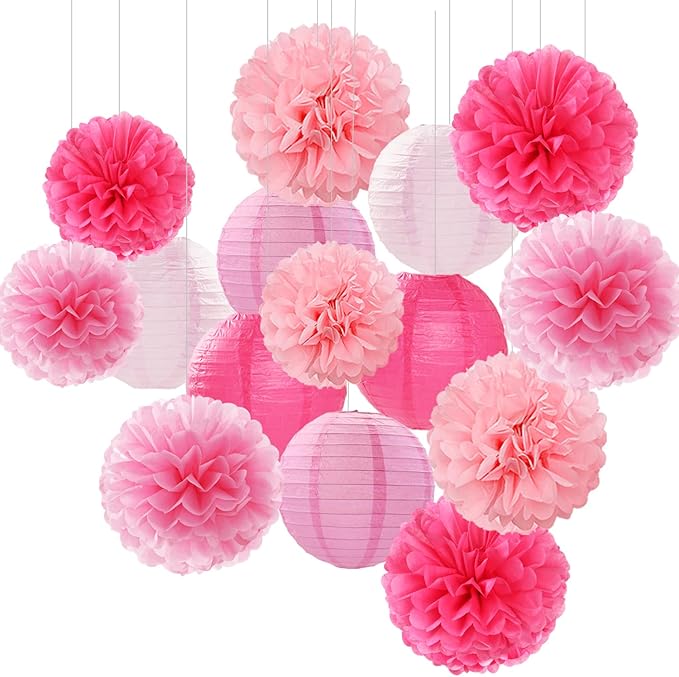 Light-Hot Pink Party-Decorations Paper-Flowers Lanterns - 15pcs Graduation Girl Birthday Decor Tissue Pom Poms Streamers, Bridal Baby Shower Wedding Bachelorette Valentine Hanging Supplies Hugfond