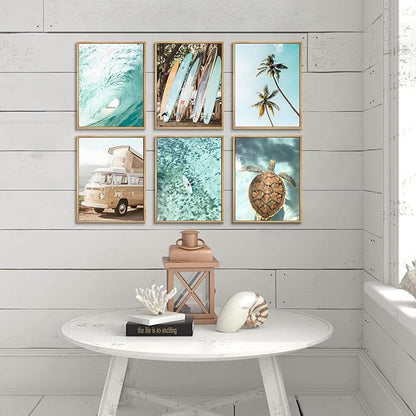 Laywhq Coastal Beach Wall Art Summer Ocean Surf Tropical Canvas Wall Decor Summer Nautical Palm Tree Turtle Surfboard Bus Room Paintings Prints Posters for Bedroom Living Room Set of 6 8x10in Unframed