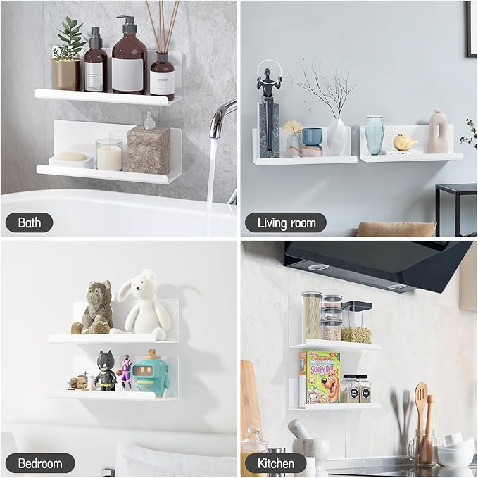 Acrylic Wall Floating Shelves Set of 2, Wall Shelves White 12 Inch Adhesive Wall Organizer Adhesive Shelf for Bathroom, Kitchen, Bedroom, Office, Gaming Room, No Damage, No Drill
