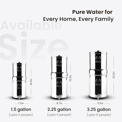Gravity Water Filter System - 1.5 Gallons NSF Certified AISI 304 Stainless Steel Water Filter with 2 Smart (Black) Carbon Filter Elements & Free Stainless Steel Stand and Spigot (1.5G)