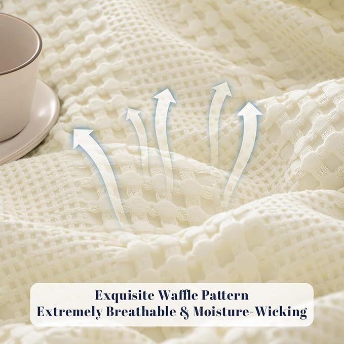 PHF Cooling Waffle Blanket Queen Size, Lightweight 60% Rayon Derived from Bamboo & 40% Cotton Breathable Blanket for Hot Sleepers, Soft and Luxury for Bed Couch and Sofa, 90"x90", Ivory