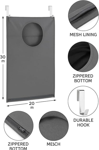 Hanging Laundry Hamper Bag – Space-Saving Dirty Clothes Storage with Free Adjustable Stainless Steel Over-the-Door Hooks & Suction Cup Hooks – Ideal for bathrooms, bedrooms & dorms (2, Gray)