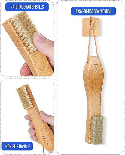 VASSON Natural Soft Boar Bristle Laundry Stain Brush, Laundry Scrub Brush,Laundry Brush for Stains on Clothes, Gentle Stain Remover for Knits, Cotton, and Linens