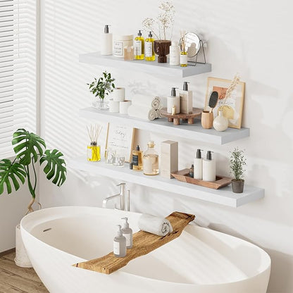 Heimlove 36 Inch Long Floating Shelf for Wall, 12" Deep White Floating Shelves Wall Shelves for Bedroom Living Room Bedroom, Wall Mounted Shelves for Storage Book Decor, Set of 2